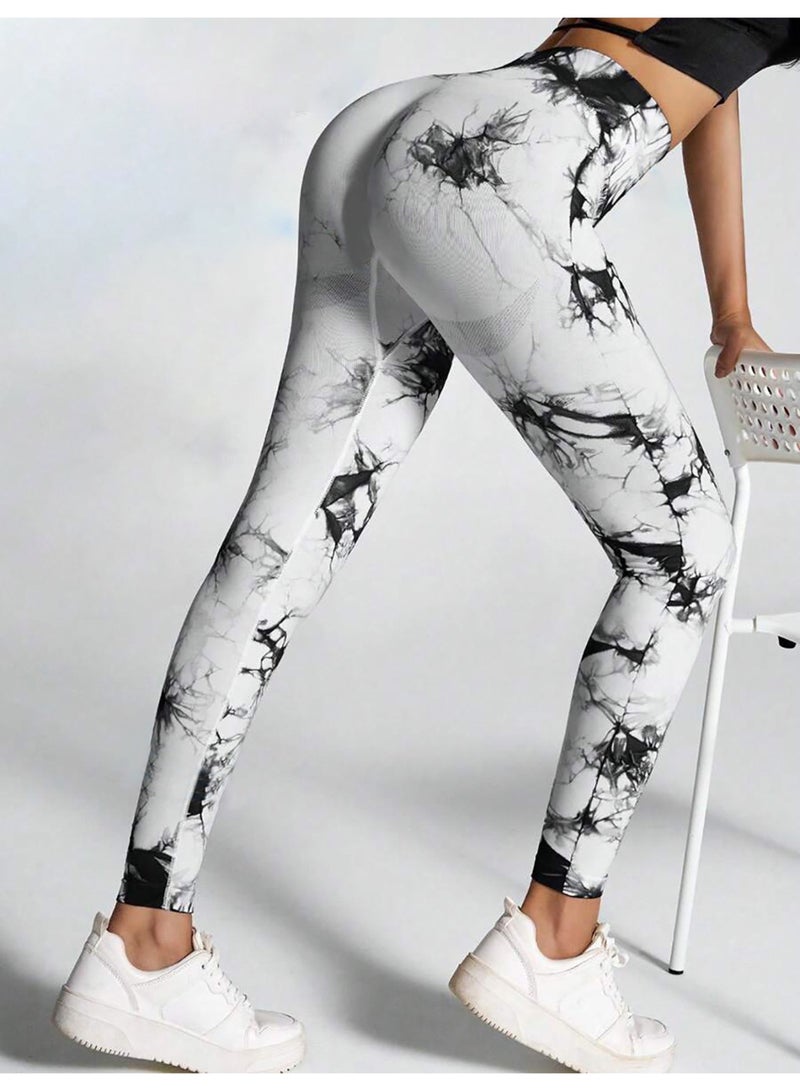 Meilun Black and White Tie - Dye High - Waisted Leggings - Image 3