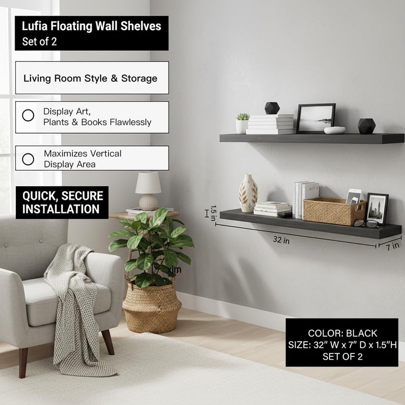 Lufia Floating Wall Shelves, Set of 2, MDF with Invisible Brackets, Modern Storage for Bedroom, Bathroom, Living Room, Kitchen (Black, 32" W x 7" D x 1.5" Hâ€‹) - Image 3