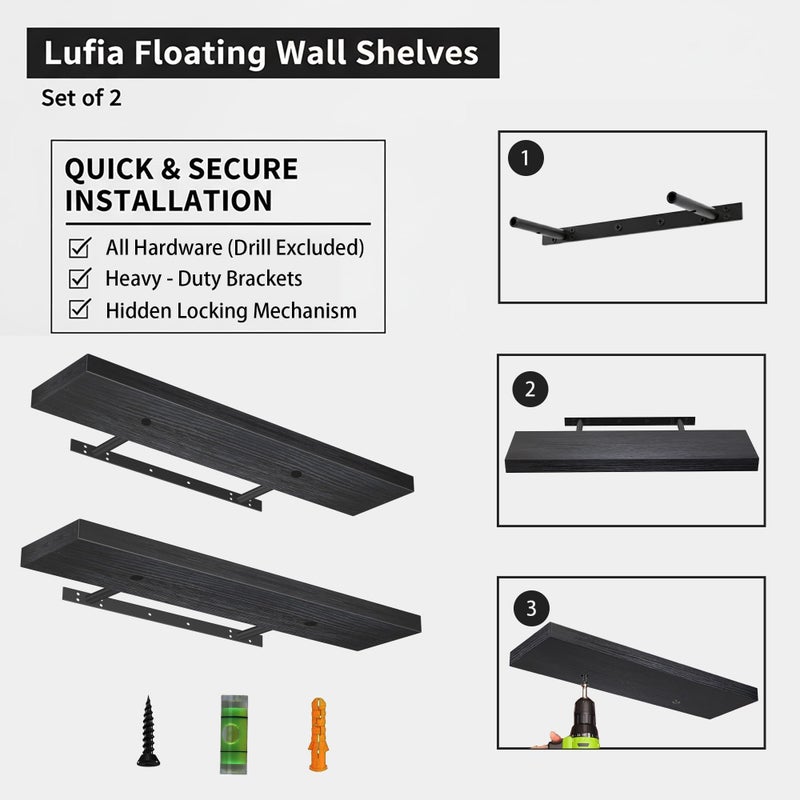 Lufia Floating Wall Shelves, Set of 2, MDF with Invisible Brackets, Modern Storage for Bedroom, Bathroom, Living Room, Kitchen (Black, 32" W x 7" D x 1.5" Hâ€‹) - Image 2