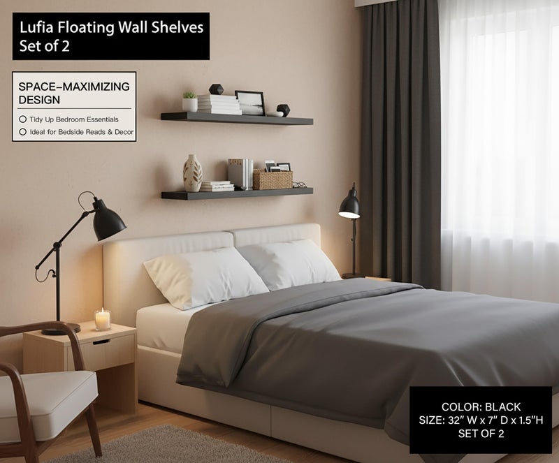 Lufia Floating Wall Shelves, Set of 2, MDF with Invisible Brackets, Modern Storage for Bedroom, Bathroom, Living Room, Kitchen (Black, 32" W x 7" D x 1.5" Hâ€‹) - Image 5