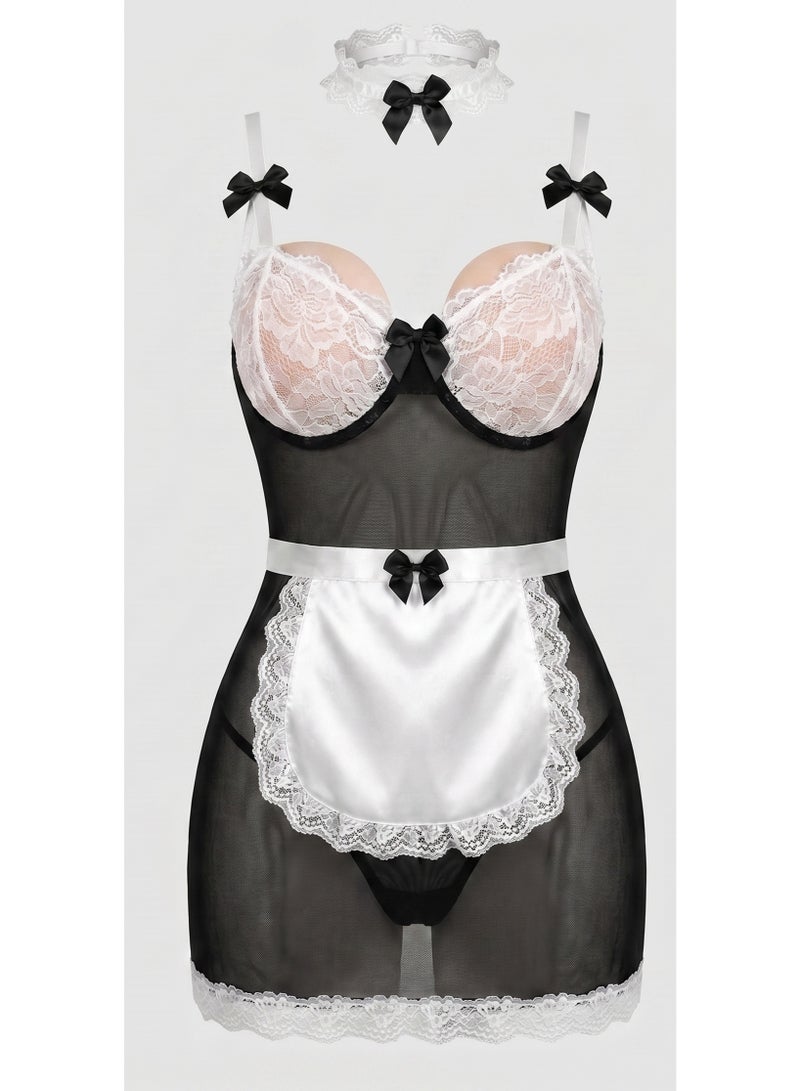 Women’s 4-Piece Lace-Detail Set in Black and White - Code 896 - Image 1