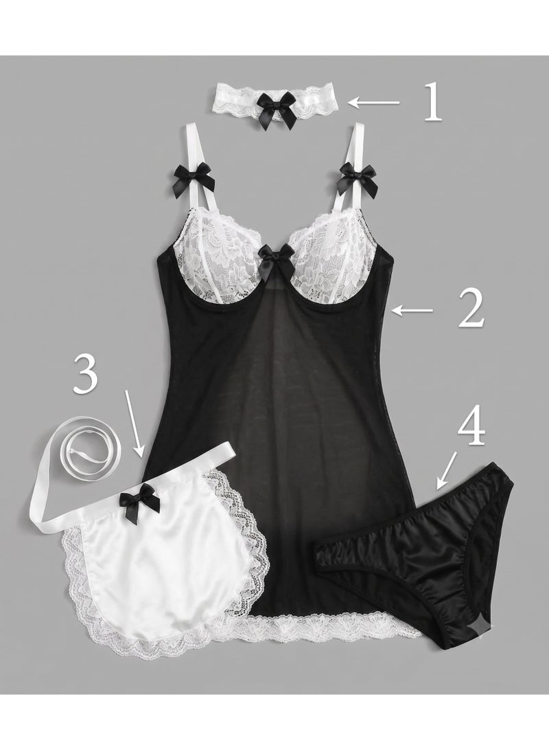 Women’s 4-Piece Lace-Detail Set in Black and White - Code 896 - Image 2