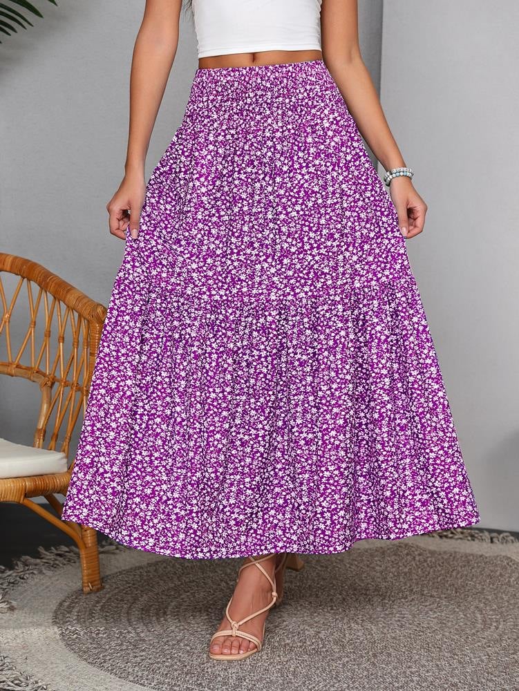 Elastic High Waist A-Line Floral Maxi Skirt