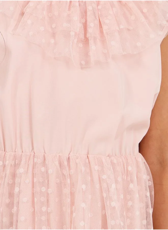 ستايلي Dobby Mesh Overlay Ruffle Trim Belted Dress