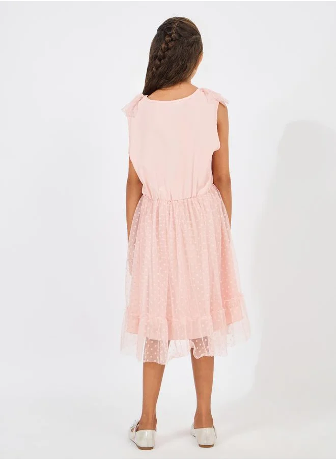 ستايلي Dobby Mesh Overlay Ruffle Trim Belted Dress