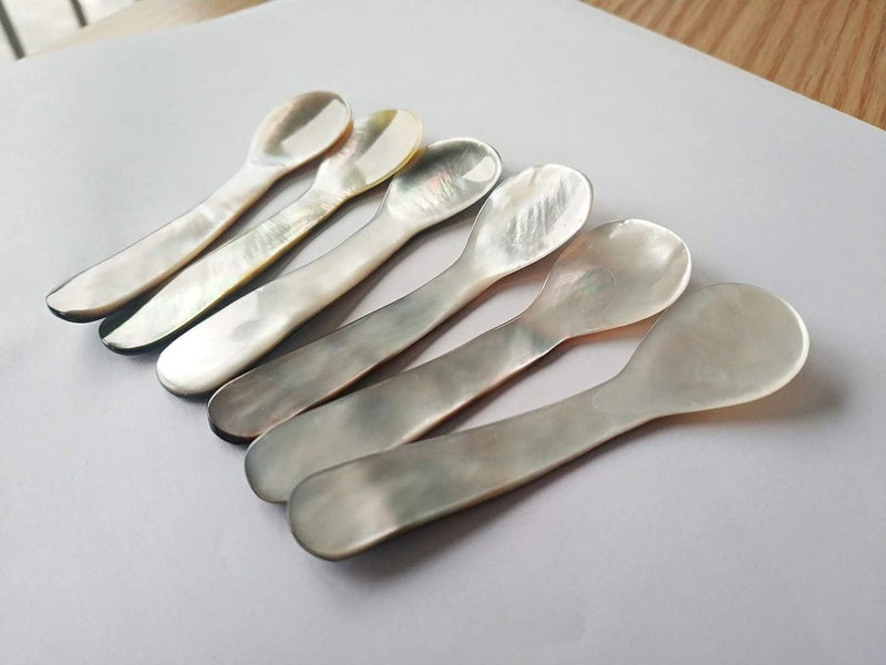 DUEBEL Set of 6 Shining Mother of Pearl MOP 7.5cm x 2cm Shell Spoons for Caviar, Egg Serving (Black) - Image 2