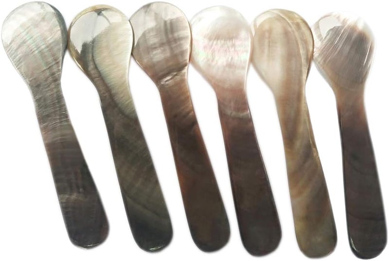 DUEBEL Set of 6 Shining Mother of Pearl MOP 7.5cm x 2cm Shell Spoons for Caviar, Egg Serving (Black) - Image 1