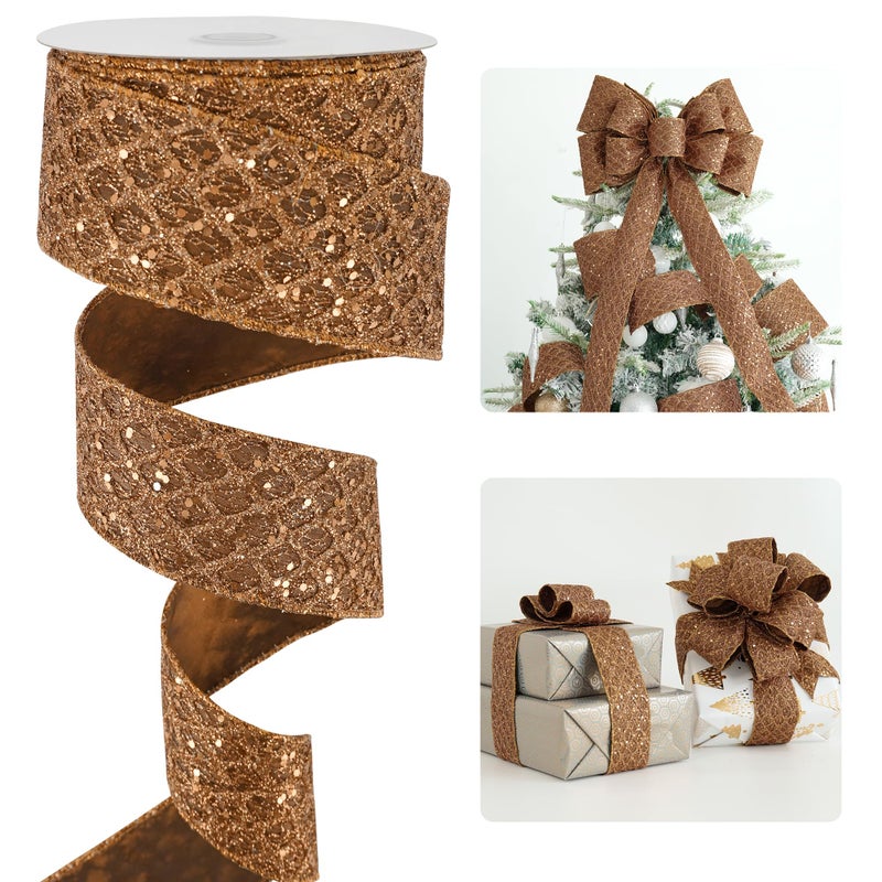 HUIHUANG Glitter Copper Wired Ribbon 25 inch Copper Diamond Mesh Wire Edge Ribbon for Christmas Tree Thanksgiving Fall Decor Wreaths Garland Gift Wrapping Bows Making 10 Yards - Image 3