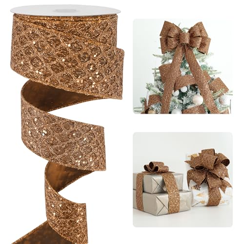 HUIHUANG Glitter Copper Wired Ribbon 25 inch Copper Diamond Mesh Wire Edge Ribbon for Christmas Tree Thanksgiving Fall Decor Wreaths Garland Gift Wrapping Bows Making 10 Yards - Image 1