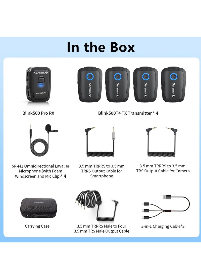 Saramonic - Blink500 T4 2.4G 4-Channel Wireless Lavalier Microphone System for DSLR Camera, Wireless Lapel 4 Transmitters & One Receiver 328ft Range for Camcorder Smartphones Interview Vlog YouTube Video - Image 1