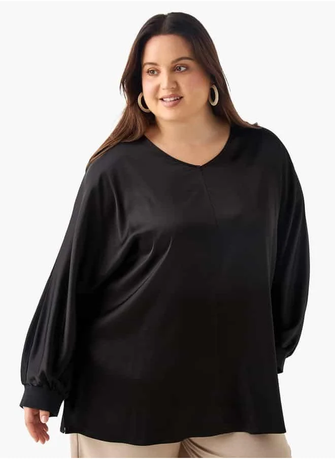  أولا بوبكن Plus Size Ulla Popken V-neck Top with Long Sleeves