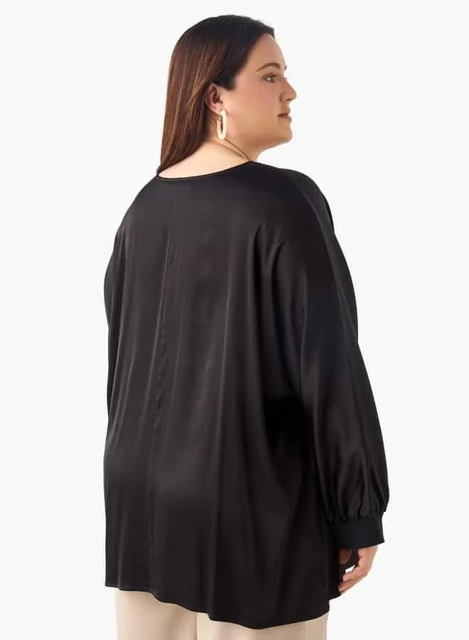 Ulla Popken Plus Size Ulla Popken V-neck Top with Long Sleeves