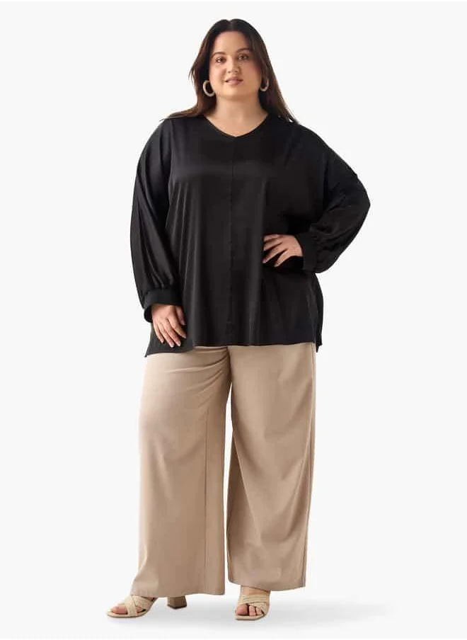  أولا بوبكن Plus Size Ulla Popken V-neck Top with Long Sleeves