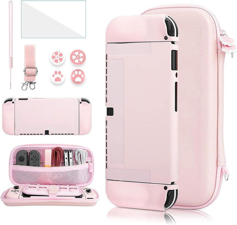 GLDRAM Carrying Case for Nintendo Switch OLED, 9 in 1 Cute Accessories Kit with Travelling Case, Soft TPU Cover, Glass Screen Protector, Thumb Grip Caps, Wrist Band, Shoulder Strap for Girls - Pink - Image 1
