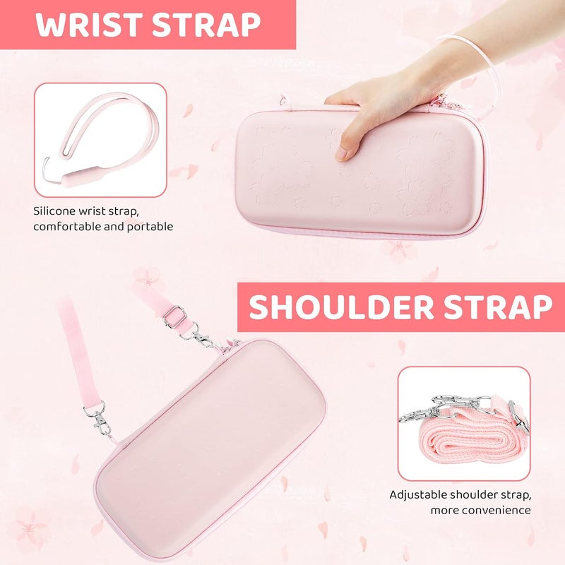 GLDRAM Carrying Case for Nintendo Switch OLED, 9 in 1 Cute Accessories Kit with Travelling Case, Soft TPU Cover, Glass Screen Protector, Thumb Grip Caps, Wrist Band, Shoulder Strap for Girls - Pink - Image 3