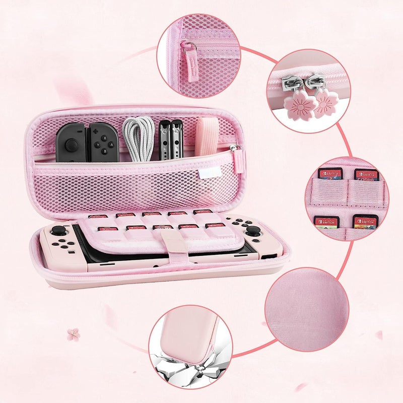 GLDRAM Carrying Case for Nintendo Switch OLED, 9 in 1 Cute Accessories Kit with Travelling Case, Soft TPU Cover, Glass Screen Protector, Thumb Grip Caps, Wrist Band, Shoulder Strap for Girls - Pink - Image 2
