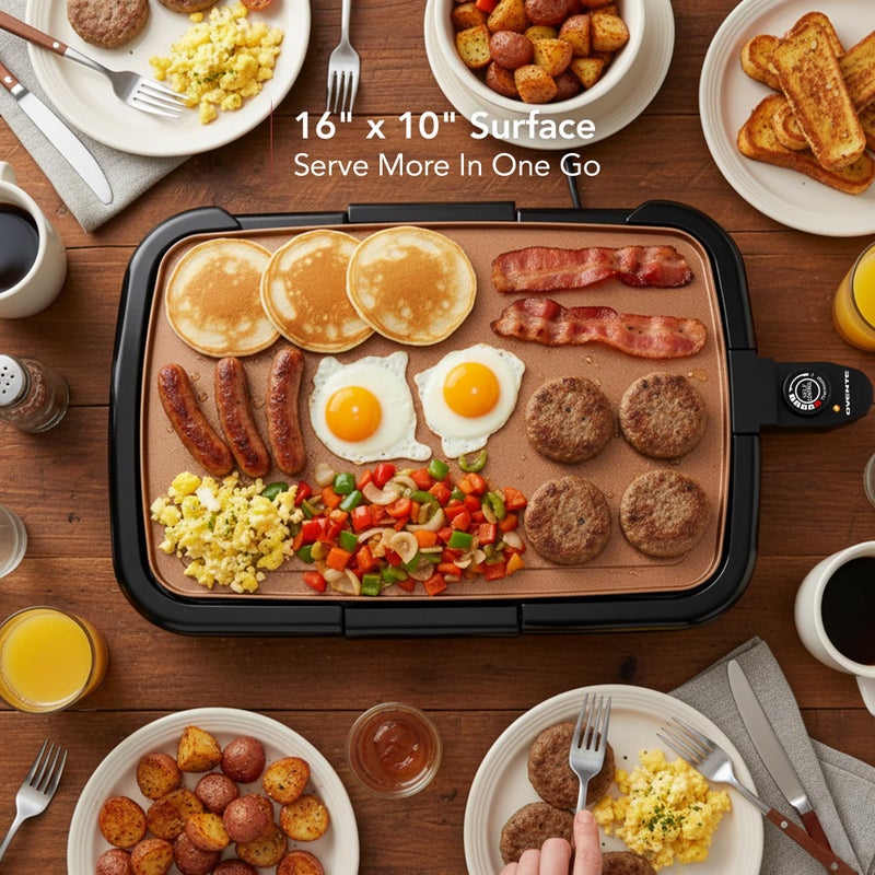 OVENTE Electric Griddle with 16 x 10 Inch Flat Non-Stick Cooking Surface, Removable and Adjustable Temperature Control, Indoor Grill for Instant Breakfast, Pancakes, Eggs or Burgers, Copper GD1610CO - Image 2