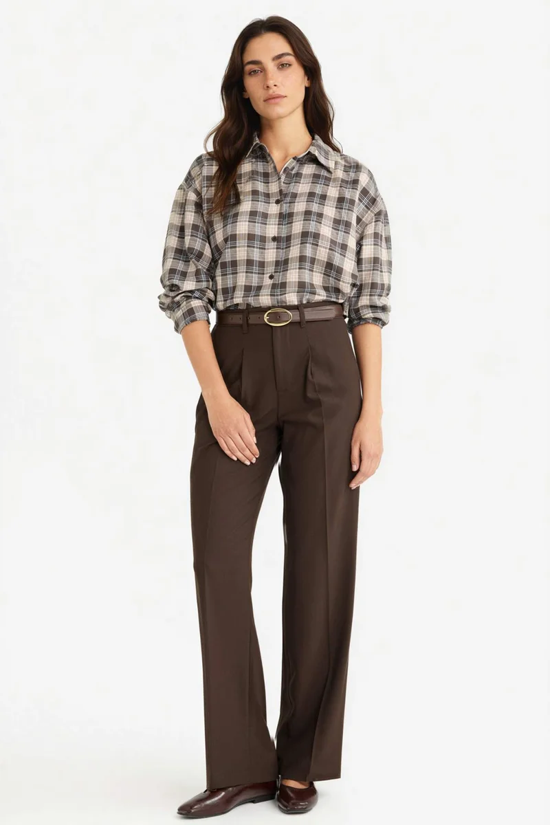 ديفاكتو Oversize Shirt Collar Flanel Plaid Long Sleeve Shirt