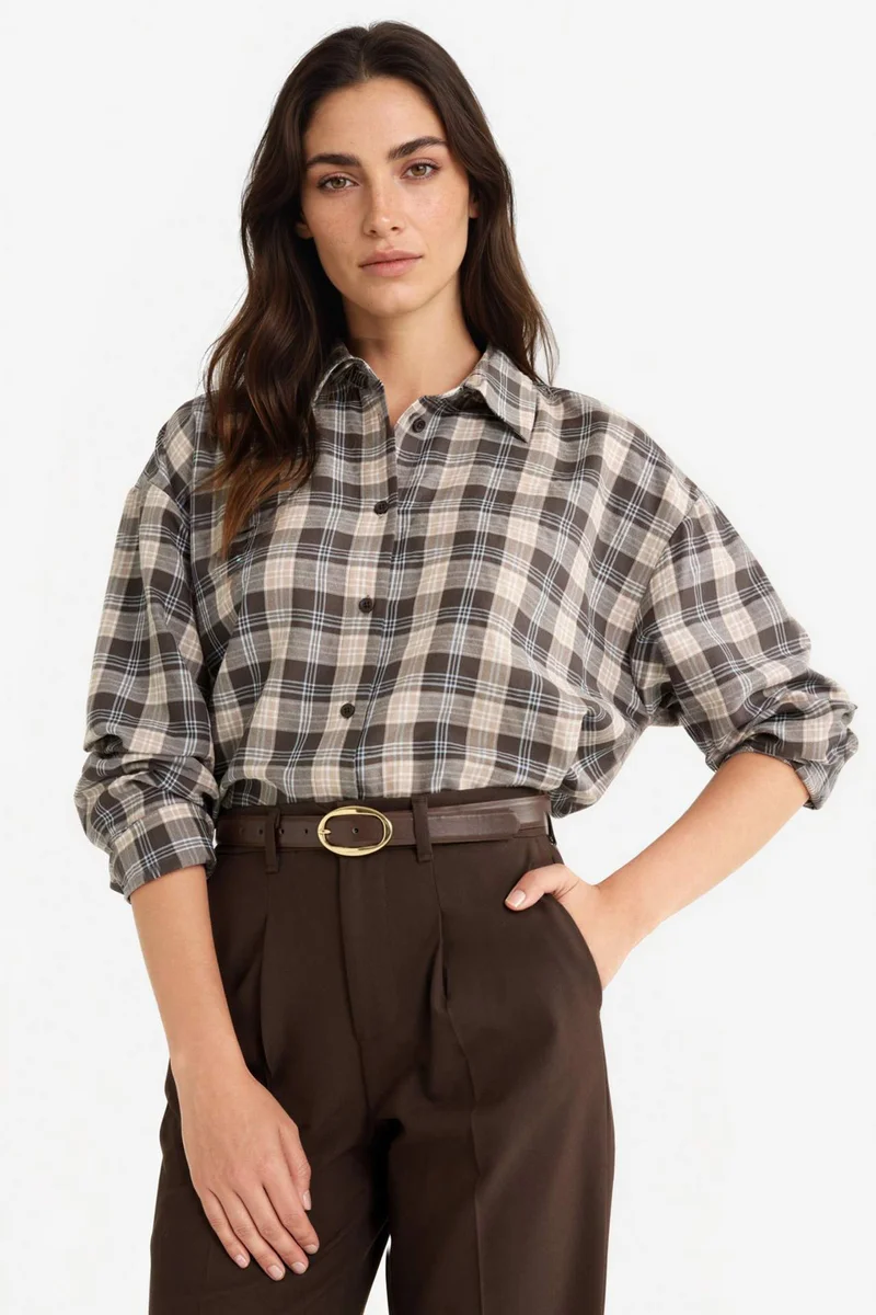 ديفاكتو Oversize Shirt Collar Flanel Plaid Long Sleeve Shirt