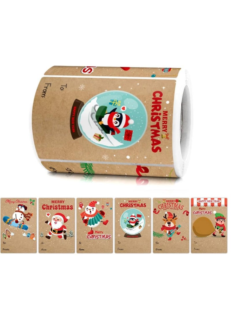 Rubik Self Adhesive Christmas Gift Stickers, 500 Pieces 6 Cute Patterns Merry Christmas Happy New Year Wishes Kraft Paper Stickers Labels for Gift Wrapping Packaging 3x2 Inches - Image 1