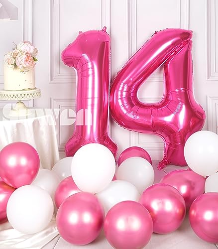SUWEN بالونات رقم 14 كبيرة من سوين 40 بوصة باللون الوردي الساخن بالونات فويل هيليوم رقمية 09 بالونات عملاقة لعيد الميلاد الرابع عشر زينة حفلات مخصصة للفتيات أو النساء 41 لوازم حفلات الذكرى السنوية - Image 5