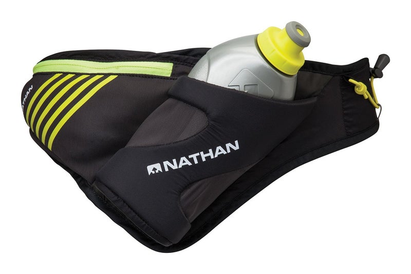 Nathan Peak Running Hydration Waist Pack Belt w/Speed Draw Flask Water Bottle, 18oz/535 ml Push/Pull Race Cap, Expandable Zippered Stretch Pocket - Image 1