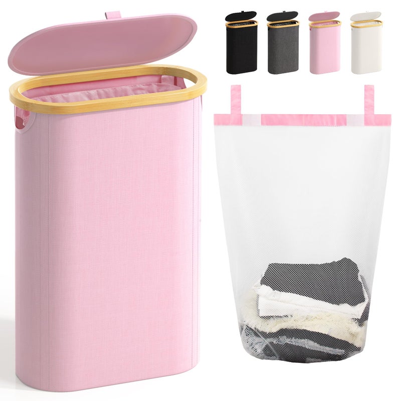 Slim Laundry Hamper with Lid 60L Small Laundry Basket with HandlesRemovable Bag Thin Dirty Clothes Hampers for Laundry Narrow Laundry Hampers for Bedroom Aesthetic Pink