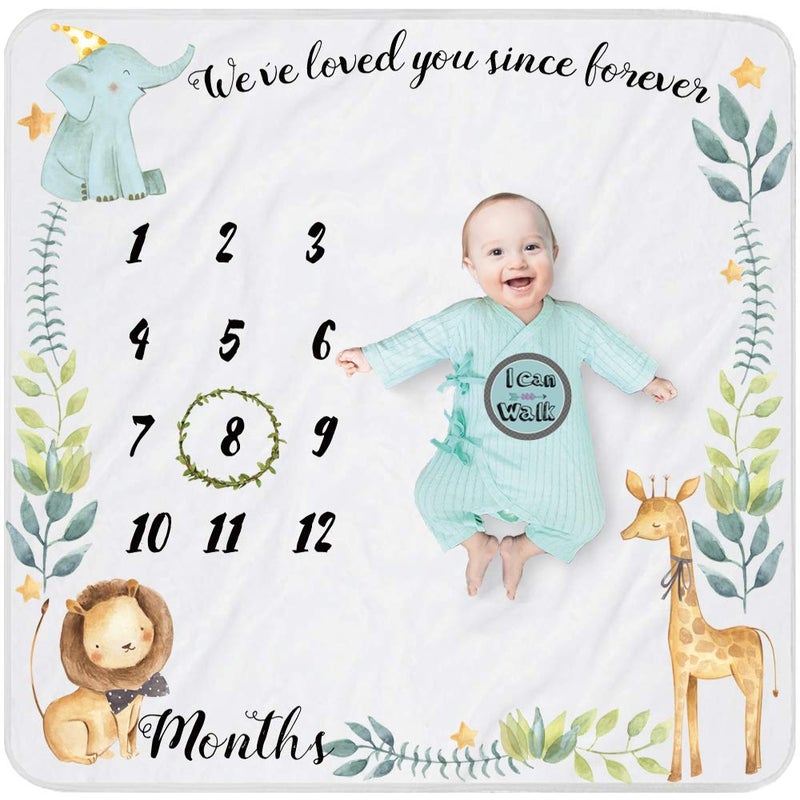 Yoothy Safari Baby Monthly Milestone Blanket for Boy and Girl, Gift for Baby Shower, Growth Chart Photo Blanket, Wreath &12 Stickers Included, Soft Flannel Blanket, Elephant, Lion 40''x 40'' - Image 1