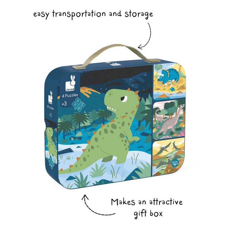 Janod - 4 Progressive Dinosaur Jigsaw Puzzles 6, 9, 12 & 16 Piece - Ages 3 Years+ - Child Entertainment - Step-by-Step Learning - Educational and Fun - J02657 - Image 3