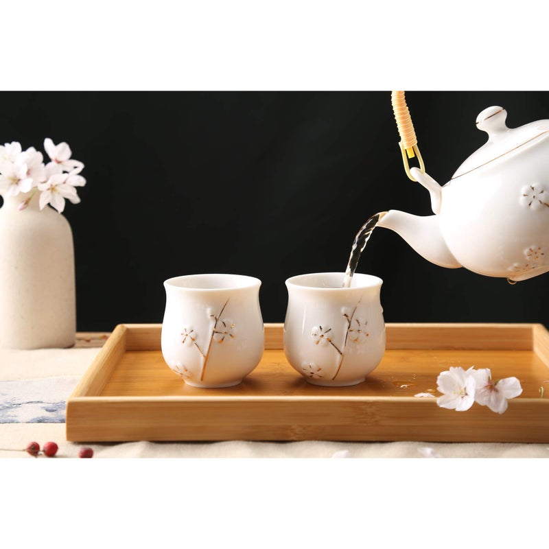 Dujust Japanese White Porcelain Tea Set With 1 Teapot Set  6 Tea Cups  1 Tea Tray  1 Stainless Infuser  Cute Asian Tea Set For Tea Lover/Women/Men (Plum In Golden) - Image 2