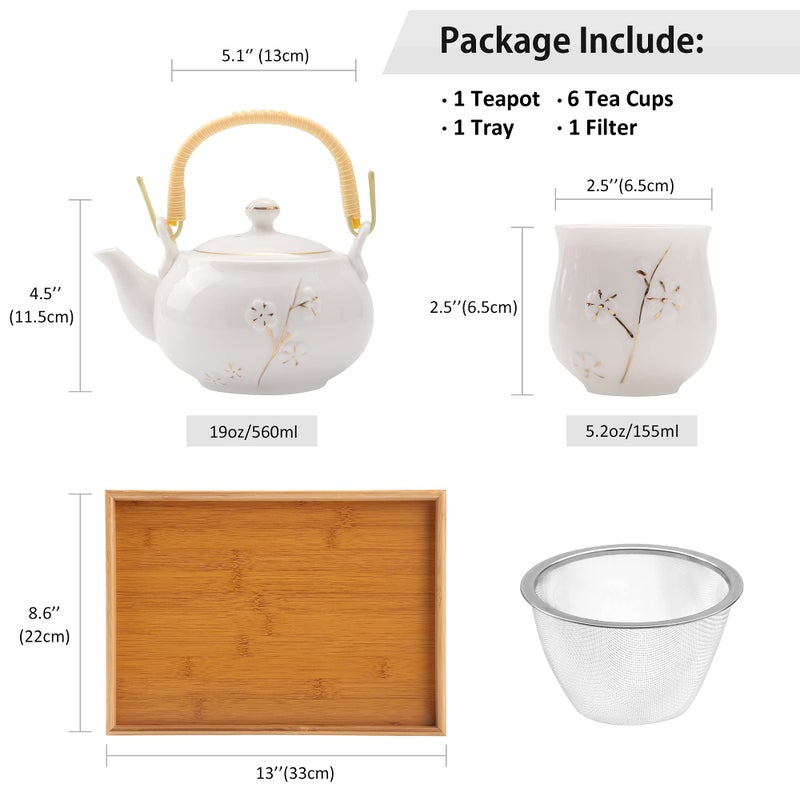 Dujust Japanese White Porcelain Tea Set With 1 Teapot Set  6 Tea Cups  1 Tea Tray  1 Stainless Infuser  Cute Asian Tea Set For Tea Lover/Women/Men (Plum In Golden) - Image 5