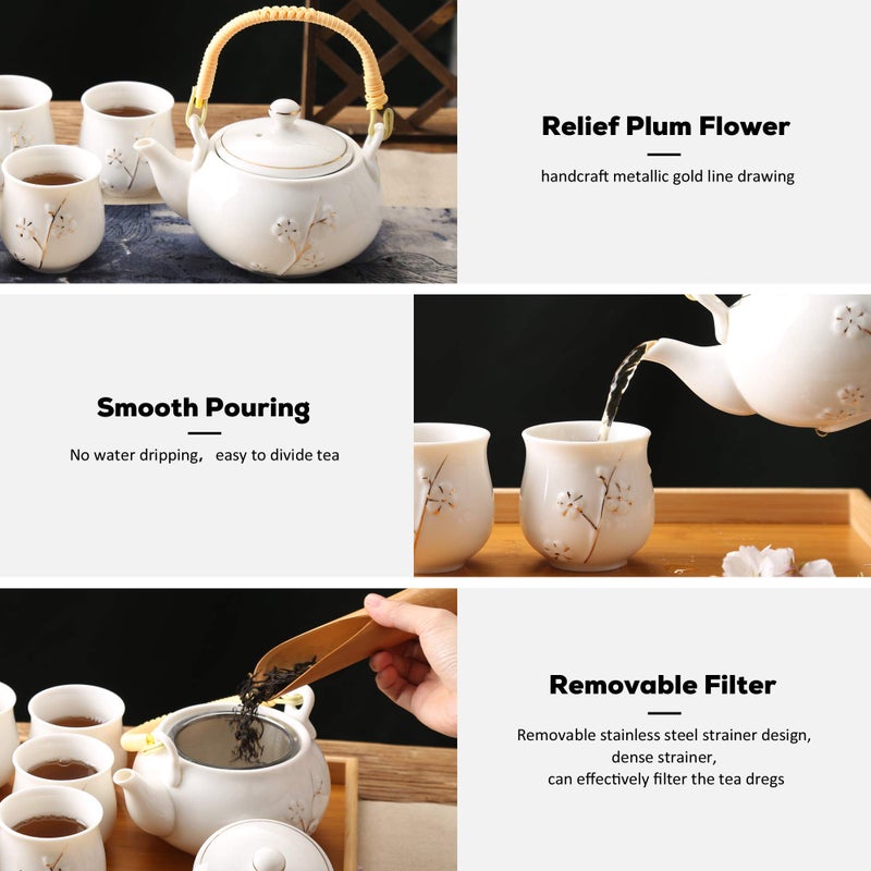 Dujust Japanese White Porcelain Tea Set With 1 Teapot Set  6 Tea Cups  1 Tea Tray  1 Stainless Infuser  Cute Asian Tea Set For Tea Lover/Women/Men (Plum In Golden) - Image 3