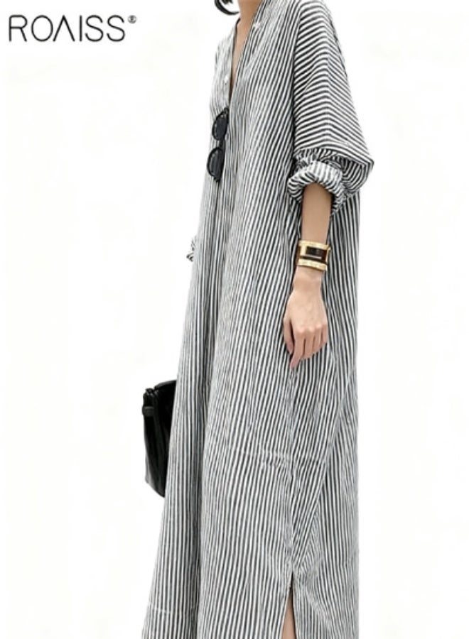 رويس فستان قميص طويل مخطط فضفاض بأكمام طويلة وأزرار للنساء، تنورة طويلة أنيقة للنساء بمقاس كبير مع ياقة، وحاشية غير منتظمة - Image 4