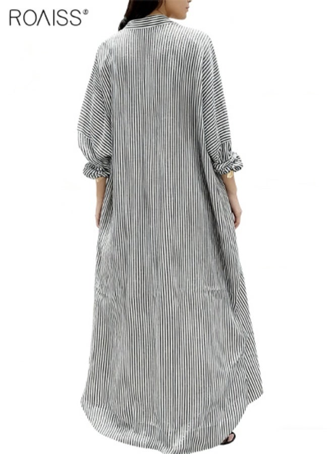 رويس فستان قميص طويل مخطط فضفاض بأكمام طويلة وأزرار للنساء، تنورة طويلة أنيقة للنساء بمقاس كبير مع ياقة، وحاشية غير منتظمة - Image 3