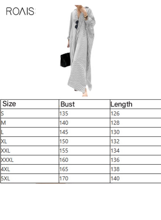 رويس فستان قميص طويل مخطط فضفاض بأكمام طويلة وأزرار للنساء، تنورة طويلة أنيقة للنساء بمقاس كبير مع ياقة، وحاشية غير منتظمة - Image 5