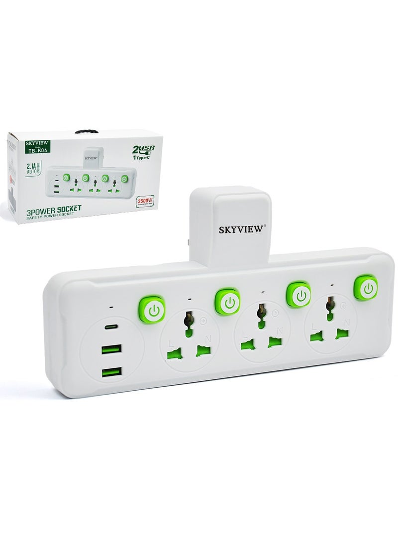 سكاي فيو موسع منفذ حائط متعدد المقابس، 2500 واط، موسع منفذ كهربائي ثلاثي الاتجاهات مع منفذي USB ومنفذ واحد من النوع C، محول قابس عالمي، محطة شحن للمنزل والمكتب والمطبخ، مفتاح فردي (أبيض) - Image 1