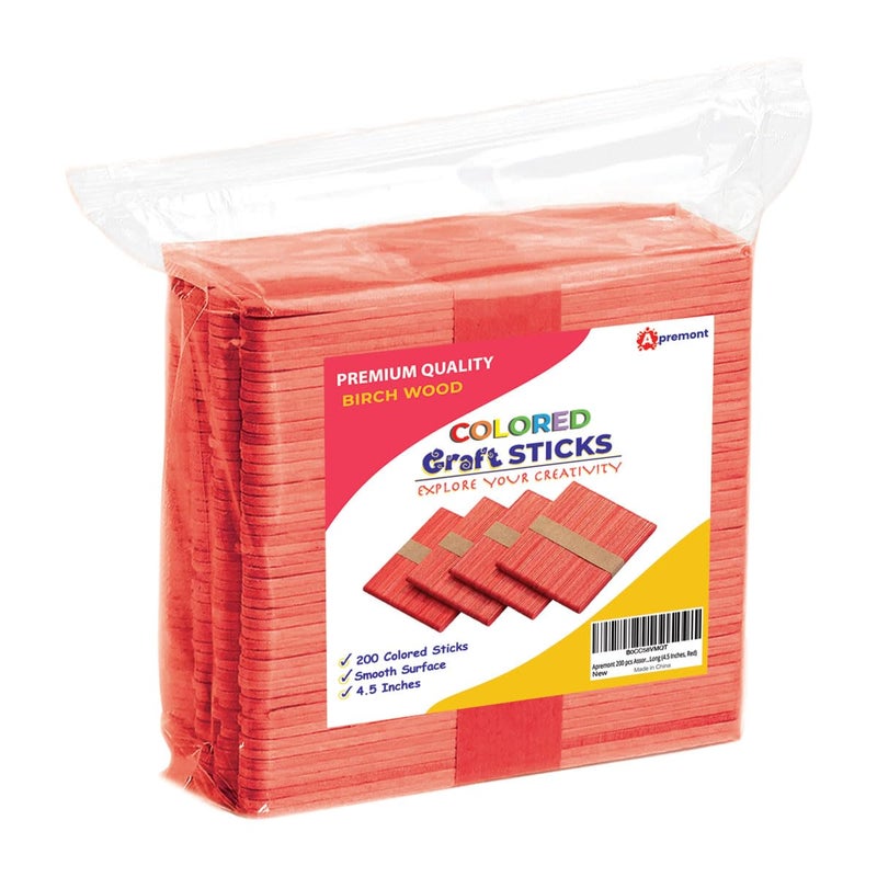 Apremont 200 pcs Assorted Colored Wooden Craft Sticks Popsicle Stick Arts and Crafts Best for DIY Games Making Building Designs or Kids Education 45 inch Long 45 Inches Red