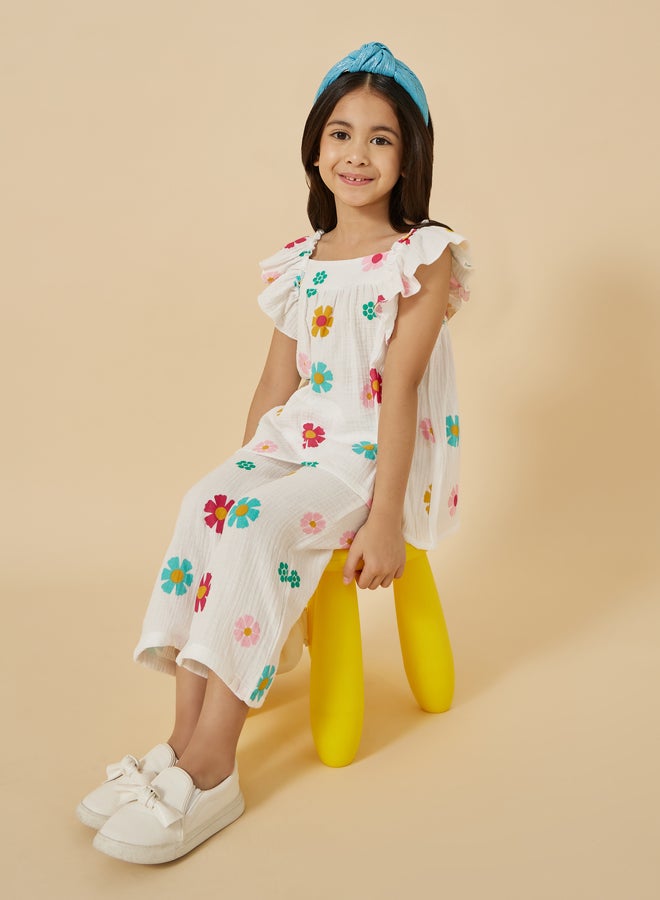 Styli Styli Floral Print Frill Sleeve Top and Pants Set  - Image 1