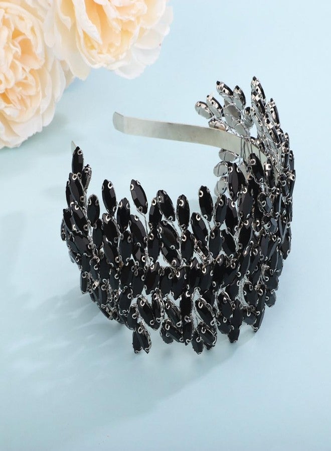 Sither رباط رأس كريستالي للعروس من سيثير لحفلات الزفاف - رباط شعر كبير بكريستالات سوداء - إكسسوارات شعر للعروس - مشابك شعر لحفلات التخرج والهدايا (أسود) - Image 5