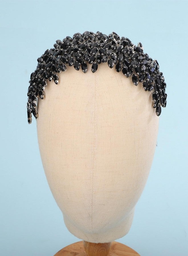 Sither رباط رأس كريستالي للعروس من سيثير لحفلات الزفاف - رباط شعر كبير بكريستالات سوداء - إكسسوارات شعر للعروس - مشابك شعر لحفلات التخرج والهدايا (أسود) - Image 2