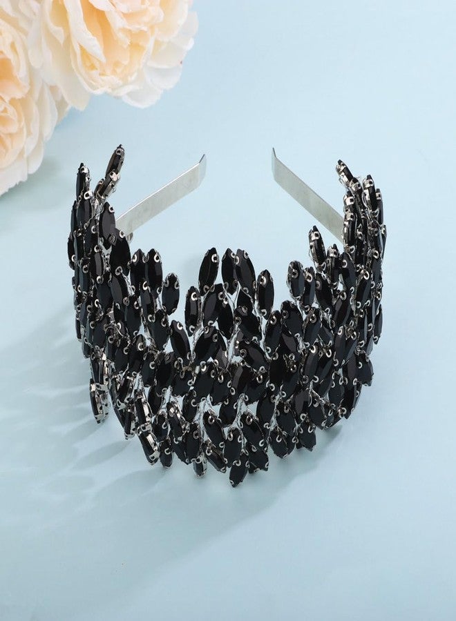 Sither رباط رأس كريستالي للعروس من سيثير لحفلات الزفاف - رباط شعر كبير بكريستالات سوداء - إكسسوارات شعر للعروس - مشابك شعر لحفلات التخرج والهدايا (أسود) - Image 4