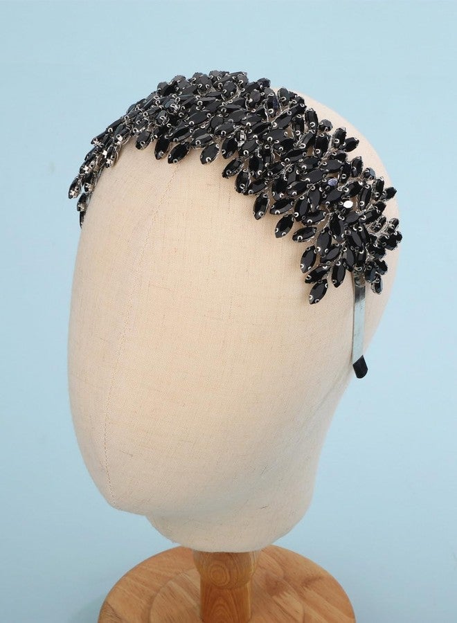 Sither رباط رأس كريستالي للعروس من سيثير لحفلات الزفاف - رباط شعر كبير بكريستالات سوداء - إكسسوارات شعر للعروس - مشابك شعر لحفلات التخرج والهدايا (أسود) - Image 3