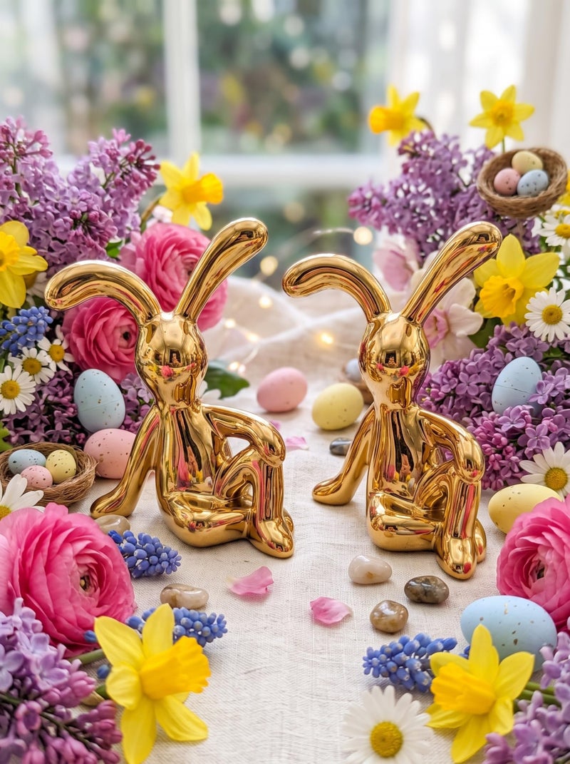 Gold Rabbit Figurine Modern Ceramic Bunny Statue Home Office Decor Accent (2) - Image 2