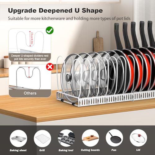 Housolution Pot and Pan Organizer Rack for Cabinet Upgraded Expandable Pot Lid Organizer with 14 Adjustable Dividers Pan Holder Storage Rack for Kitchen Cabinet White - Image 3