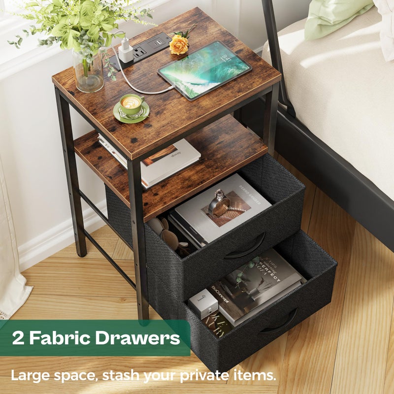Huuger Nightstand with Charging Station, Side Table with Fabric Drawers, End Table with Open Shelf, Bedside Table with USB Ports and Outlets, Night Stand for Bedroom, Rustic Brown and Black - Image 4