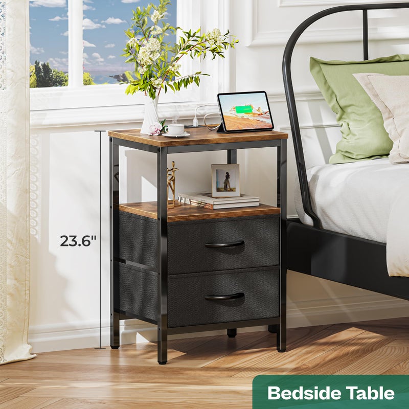 Huuger Nightstand with Charging Station, Side Table with Fabric Drawers, End Table with Open Shelf, Bedside Table with USB Ports and Outlets, Night Stand for Bedroom, Rustic Brown and Black - Image 3