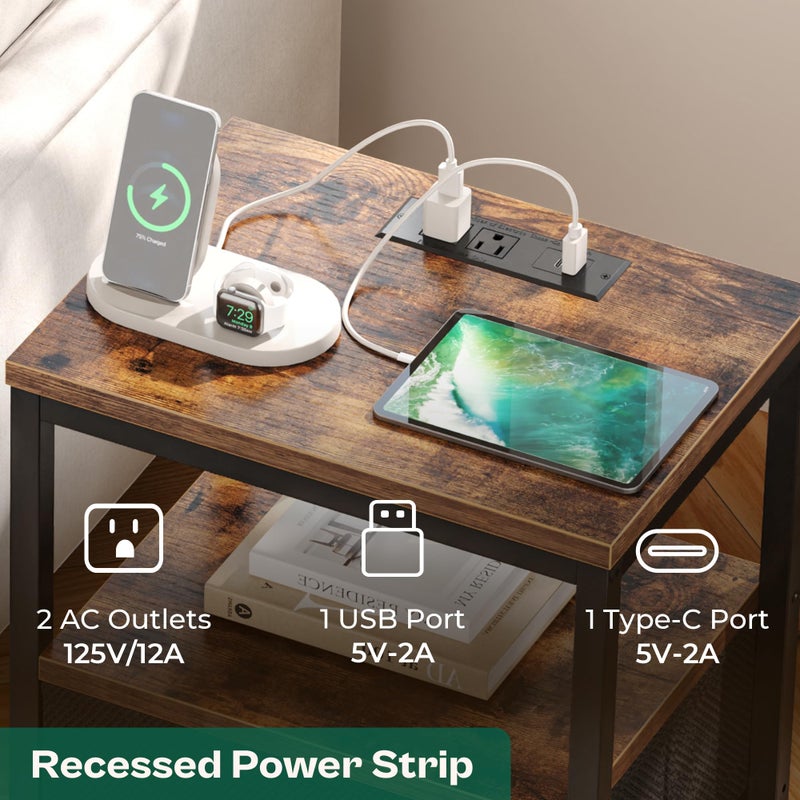 Huuger Nightstand with Charging Station, Side Table with Fabric Drawers, End Table with Open Shelf, Bedside Table with USB Ports and Outlets, Night Stand for Bedroom, Rustic Brown and Black - Image 2