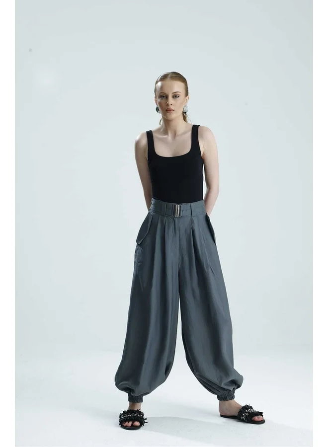 GACACOLLECTION BONİTA High-Waisted Belted Pocket Palazzo Pants – Anthracite.