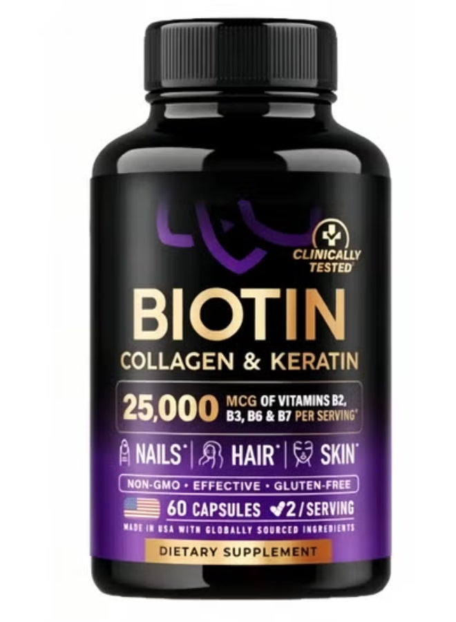 Biotin, Collagen & Keratin Complex – 25,000 mcg Hair, Skin & Nails Supplement – Hyaluronic Acid + B-Vitamins (B2, B3, B6, B7) – Clinically Tested Formula for Women & Men – 60 Capsules - Image 1