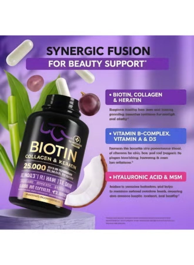 Biotin, Collagen & Keratin Complex – 25,000 mcg Hair, Skin & Nails Supplement – Hyaluronic Acid + B-Vitamins (B2, B3, B6, B7) – Clinically Tested Formula for Women & Men – 60 Capsules - Image 3